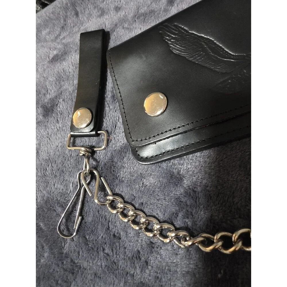 Cool Genuine Leather Biker Trucker Embossed Wallet Chain Motorcycle Rider EuC